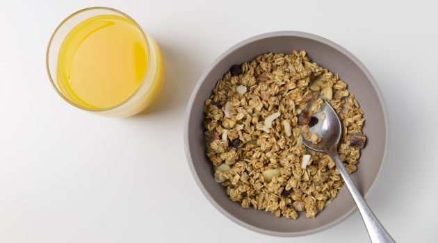 oats and nuts in gray bowl